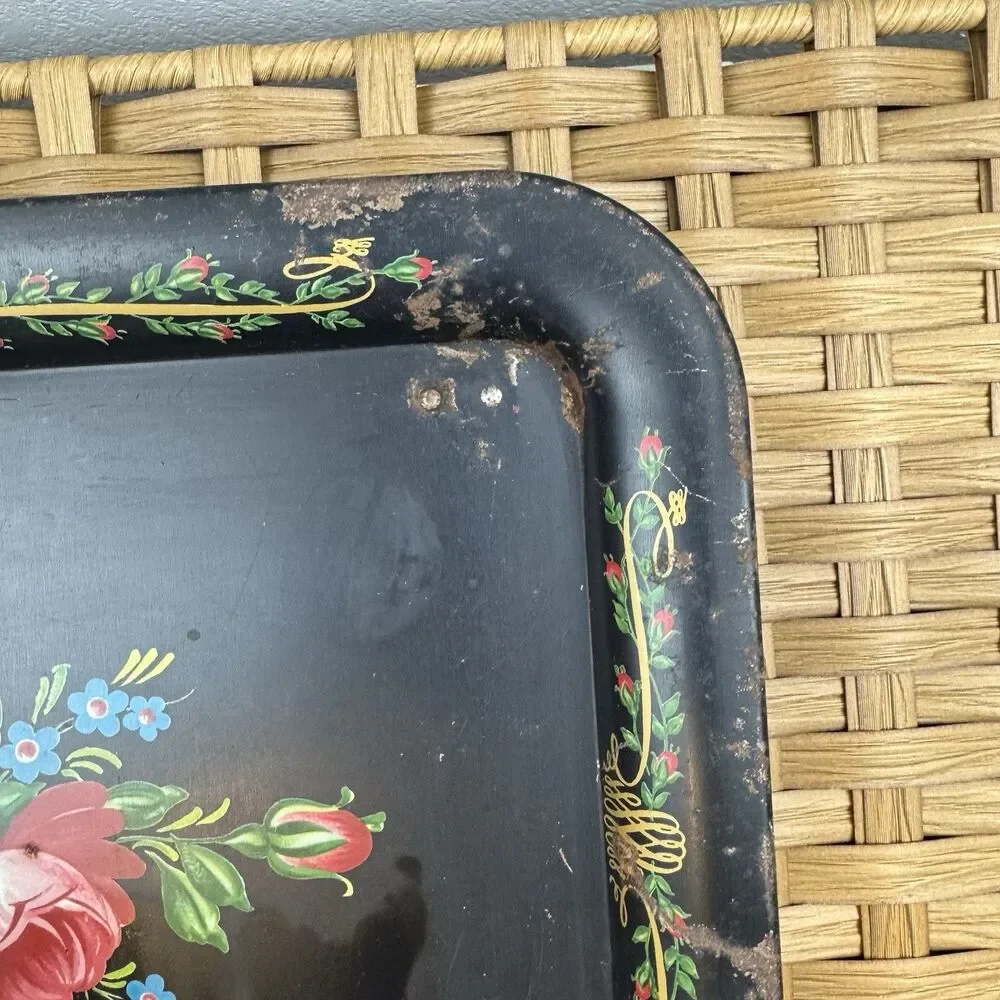 Vintage Floral Painted Metal Serving Tray, Black Rectangle w/ Handles 18x12